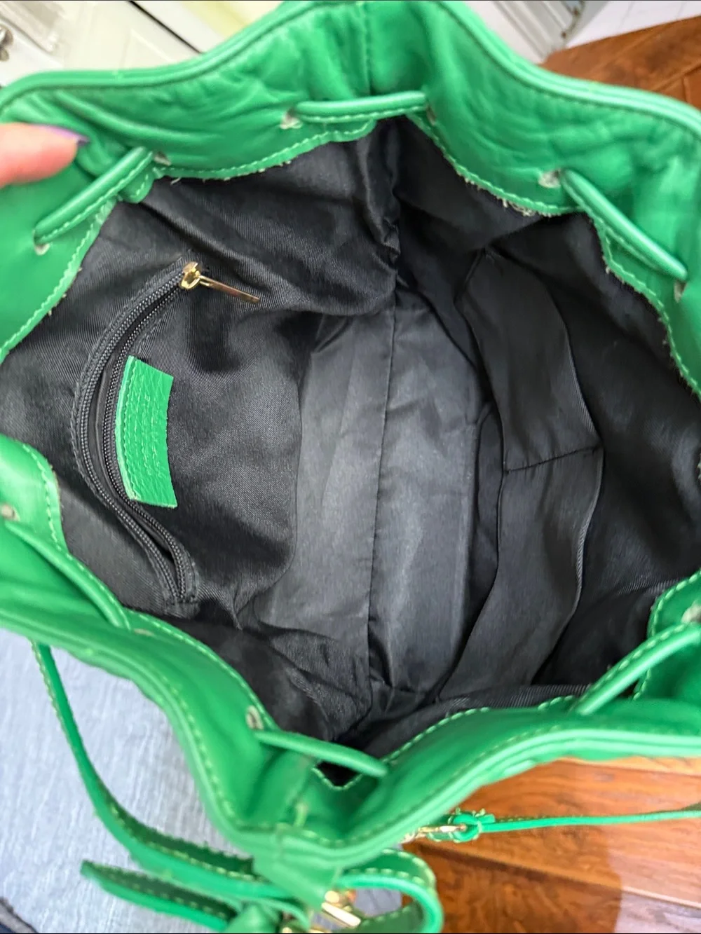 Green genuine Leather bucket Tote with Italian Craftsmanship